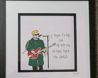Liam Fray from The Courteeners hand drawn & framed with handwritten lyrics from ‘Take over the world.’
