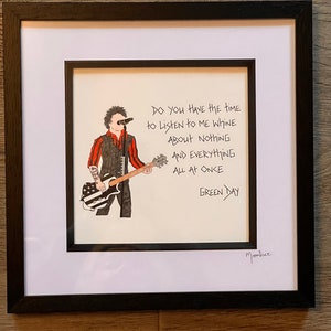 Green Day hand drawn original framed artwork with lyrics to Basketcase handwritten alongside