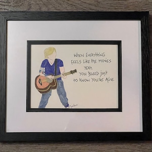 Goo Goo Dolls hand drawn framed original artwork with handwritten lyrics from Iris alongside