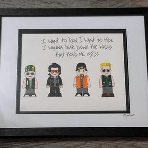 U2 hand drawn original framed artwork with lyrics to Streets have no name handwritten above.