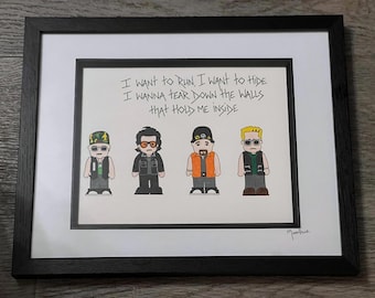 U2 hand drawn original framed artwork with lyrics to Streets have no name handwritten above.