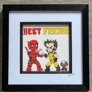 Deadpool, Wolverine and Dogpool hand drawn original framed artwork, drawn in a cartoon style.
