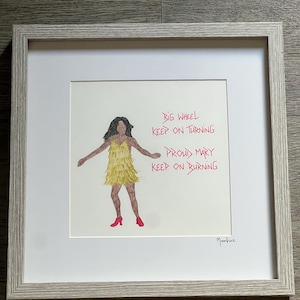 Framed Tina Turner hand drawn original artwork with handwritten lyrics to Proud Mary alongside