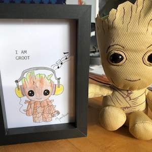 I Am Groot Guardians of the Galaxy hand drawn original framed artwork