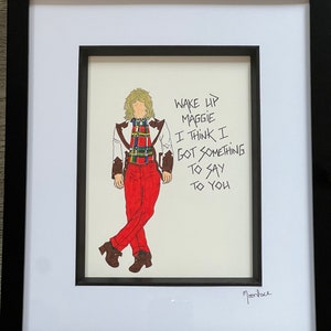 Rod Stewart handgezeichnete Originalkunstwerk mit handgeschriebenen Texten von Maggie May.