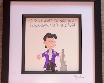 Handritat inramat konstverk i Prince Peanuts-stil