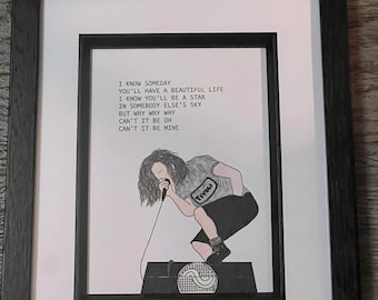 Hand drawn Eddie Vedder from Pearl Jam with the lyrics to Black from the album Ten