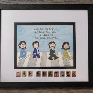 Beatles Abbey Road cartoon style hand drawn original framed artwork