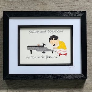 Hand drawn original framed Freddie Mercury as Peanuts with lyrics to Bohemian Rhapsody handwritten above and below