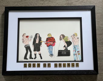 Gods of Grunge original framed artwork featuring Scott Weiland, Chris Cornell, Kurt Cobain, Eddie Vedder and Layne Staley.