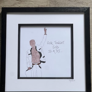 Hand drawn Maxi Jazz from Faithless with lyrics to God is a DJ handwritten alongside