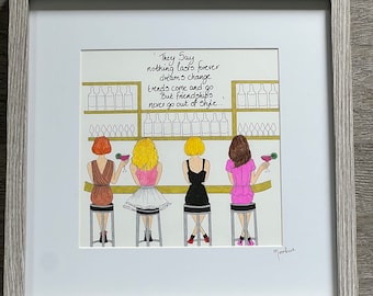 Sex and the City hand drawn original framed artwork with quote from Carrie Bradshaw handwritten above.