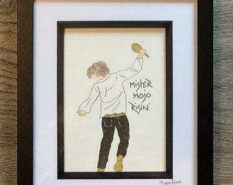 Jim Morrison of The Doors, hand drawn original framed artwork with ‘Mister Mojo Risin’ hand written by the side.