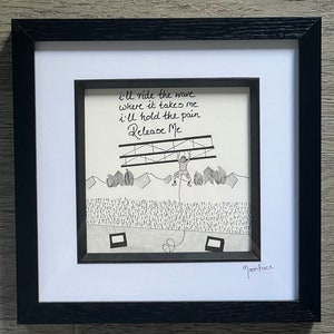 Pearl Jam hand drawn original framed artwork of Eddie Vedder hanging from the rafters on stage in Seattle 1992