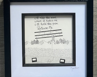 Pearl Jam hand drawn original framed artwork of Eddie Vedder hanging from the rafters on stage in Seattle 1992