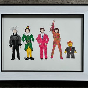 Will Ferrell film characters hand drawn (From the films Zoolander, Elf, Anchorman, Blades of Glory and Lego the Movie) framed and mounted