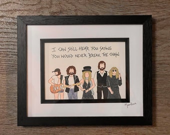 Oryginalna, ręcznie narysowana i oprawiona piosenka Fleetwood Mac z ręcznie napisanym tekstem piosenki The Chain powyżej