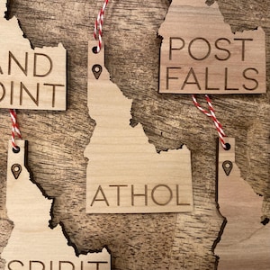 Local City State Geopin Ornament -  Idaho - Engraved Birch Wood - Made in USA