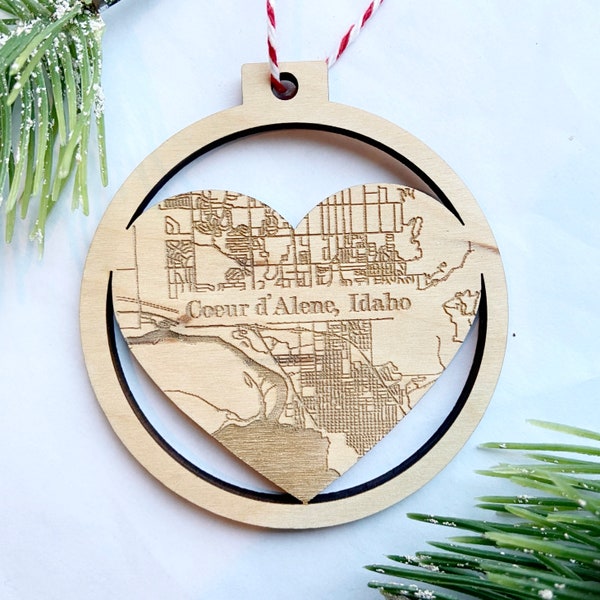 Coeur d’Alene City Map Ornament - Cd'A Lake- Coeur d Alene in a Circle Christmas Ornament  - Engraved Birch Wood - Made in USA