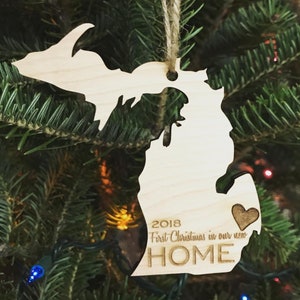 FIRST Christmas in Our New HOME Ornament - Michigan -  Engraved Birch Wood - Made in USA