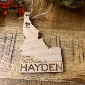 Customizable FIRST CHRISTMAS in Hayden - Idaho - Engraved Birch Wood - Made in USA