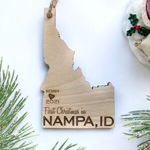 Customizable FIRST CHRISTMAS in Nampa  - Idaho - Engraved Birch Wood - Made in USA