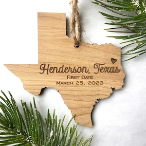 Customizable Texas Ornament - First Date - Engraved Birch Wood - Made in USA