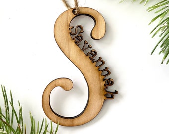 S Initial with Name Ornament - Savannah - Engraved Birch Wood - Made in USA