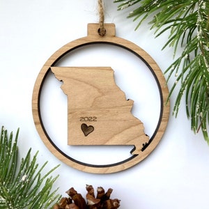 First Christmas in our new state - Missouri Wood Ornament