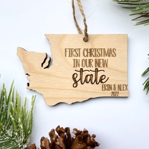 First Christmas in our new State Washington Ornament - Washington - Engraved Birch Wood - Made in USA
