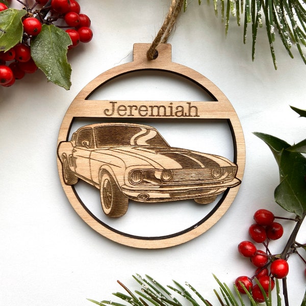 Vintage Muscle Car Personalized Christmas Ornament - Engraved Birch Wood - Made in USA