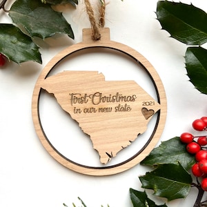 FIRST CHRISTMAS in Our New State Ornament - South Carolina - Engraved Birch Wood - Made in USA