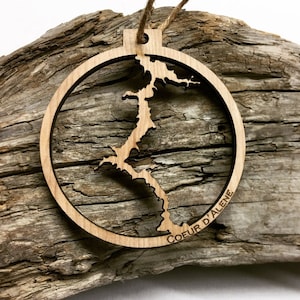 LAKE COEURDALENE Silhouette Ornament - Cd&#39;A Lake- Coeur d Alene in a Circle Christmas Ornament  - Engraved Birch Wood - Made in USA