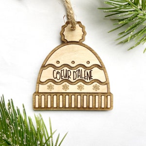 COEUR d’ ALENE Winter Hat Ornament - Cd&#39;A -  Christmas Ornament  - Engraved Birch Wood - Made in Idaho