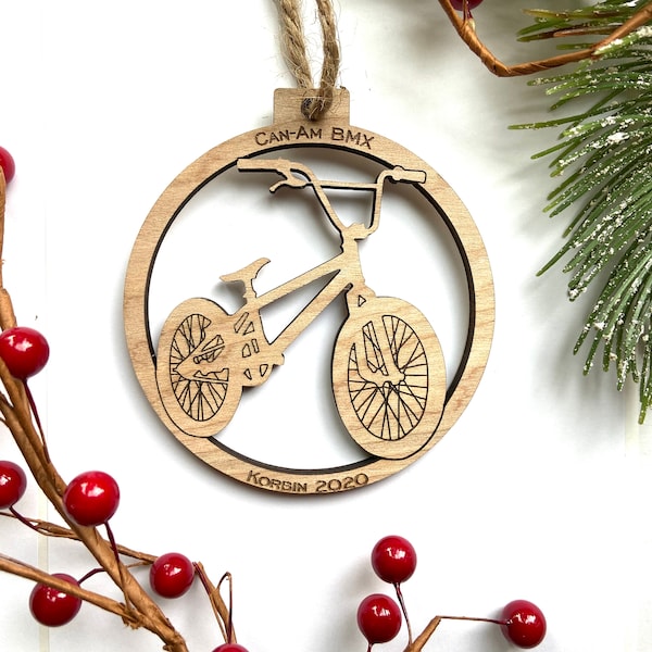 BMX Personalized Engraved Wood Christmas Ornament - Engraved Birch Wood - Made in USA