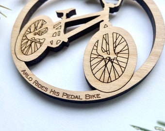 First Pedal Bike Personalized Engraved Wood Christmas Ornament - Engraved Birch Wood - Made in USA
