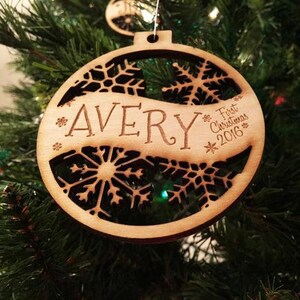 PERSONALIZED SNOWFLAKE Ornament - Avery - Engraved Birch Wood - Made in USA