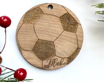 SOCCERBALL PERSONALIZED Wood Christmas Ornament -  Engraved Birch Wood - Made in USA
