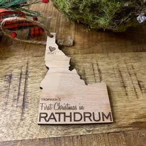 Customizable FIRST CHRISTMAS in Rathdrum - Idaho - Engraved Birch Wood - Made in USA