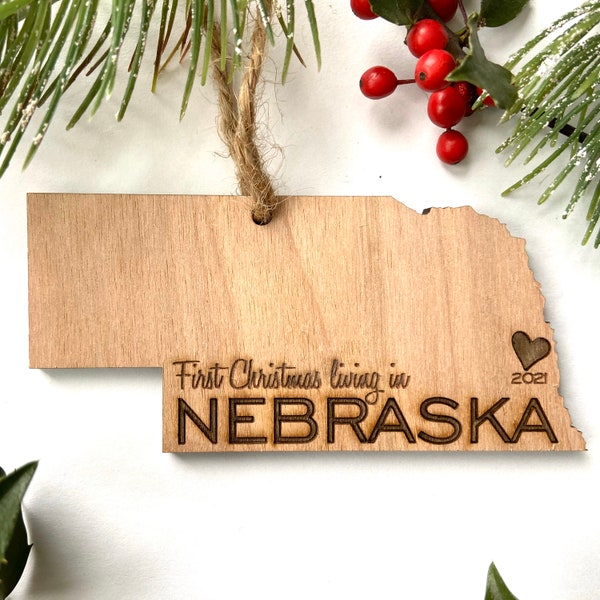 First Christmas Living in Nebraska - Engraved Birch Wood - Made in USA