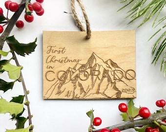 First Christmas in Colorado 2023 Ornament - Mountain Ornament - Engraved Birch Wood - Made in USA