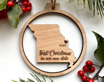 First Christmas in our new state - Missouri Wood Ornament