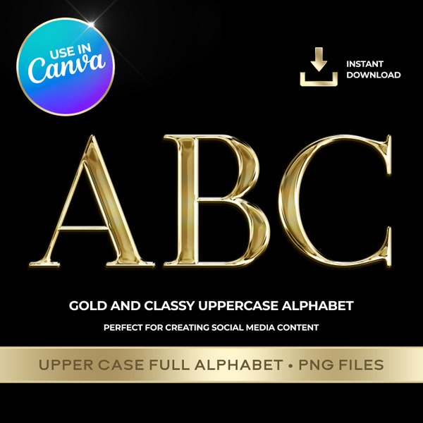 Gold Chrome Letters, Gold Clipart, Gold UpperCase Alphabet, Chrome PNG Letters, Gold Letters, A-Z Gold Chrome, Luxury, Import to CANVA