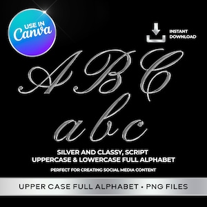 Könnte beinhalten: Silberne Schriftart im Skript-Stil in Groß- und Kleinbuchstaben. Die Buchstaben A, B, C, a, b und c sind in einer silbernen Metallic-Oberfläche dargestellt.