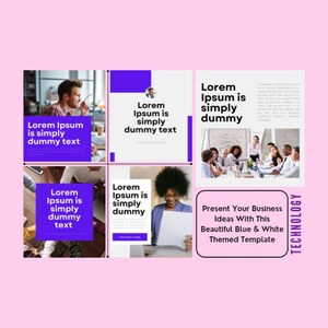 May include: A blue and white themed template for presenting business ideas. The template features a collage of images with text that says "Lorem Ipsum is simply dummy text" and "Present Your Business Ideas With This Beautiful Blue & White Themed Template".