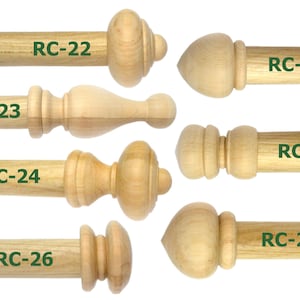 Könnte beinhalten: Sechs verschiedene Holz-Endstücke für Gardinenstangen, beschriftet mit RC-22, RC-23, RC-24, RC-25, RC-26 und RC-28.