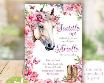 Editable Watercolor Horse Birthday Invitation: Cowgirl Party (Digital Download)
