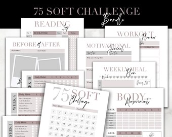 Puede incluir: Un paquete de hojas de trabajo imprimibles para el desafío 75 Soft Challenge, que incluye hojas de trabajo para la lectura, el entrenamiento, la planificación de comidas y las medidas corporales. Las hojas de trabajo están en un estilo minimalista con un fondo gris claro y texto negro.
