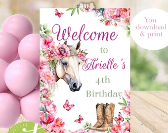 Cowgirl Birthday Welcome Sign: Pink Floral Horse Party (Editable, Printable)