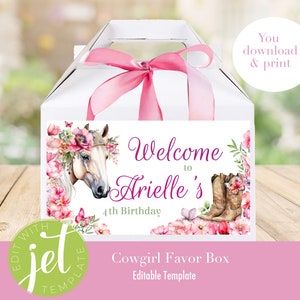 Floral Horse Birthday Gable Box: Cowgirl Party Favor (Editable Template)
